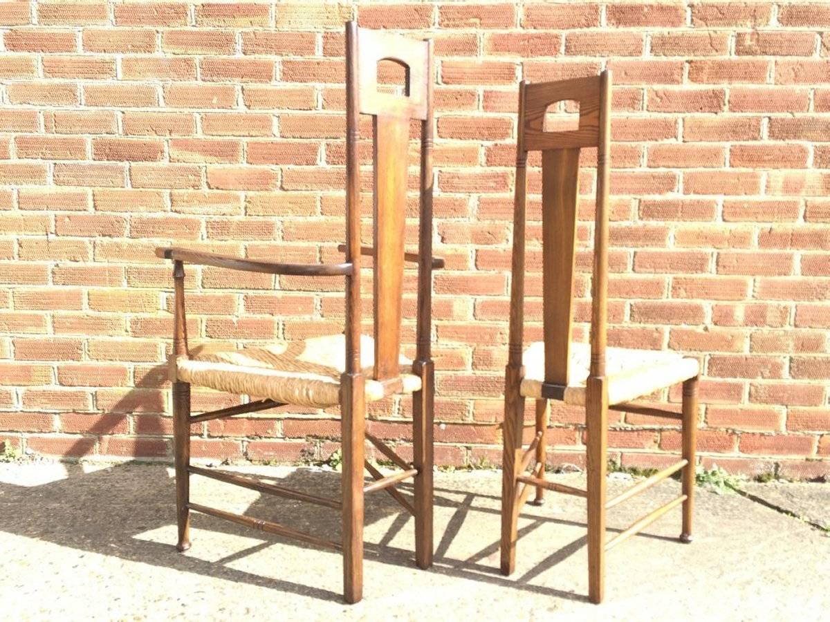 E G Punnet Attri, for William Birch Set of Four Glasgow School Oak & Rush Chairs In Good Condition For Sale In London, GB