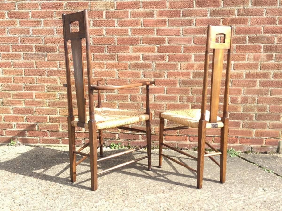 Early 20th Century E G Punnet Attri, for William Birch Set of Four Glasgow School Oak & Rush Chairs For Sale