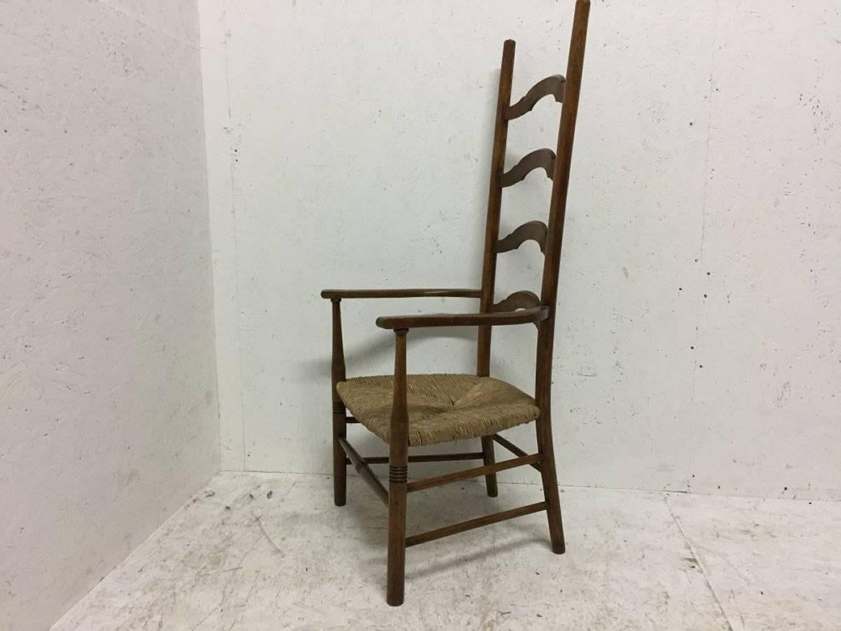 British Liberty and Co., Arts & Crafts High Back Ladder Back Rush Seat Armchair For Sale