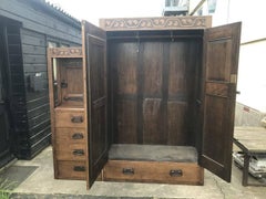 Arts & Crafts Oak Treble Wardrobe with Five Drawers by Liberty & Co.