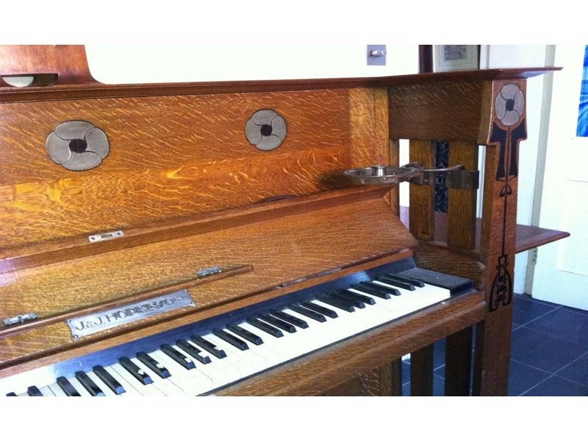 English Valkyrie Arts and Crafts Oak Piano Designed by L F Wyburd for Liberty and Co