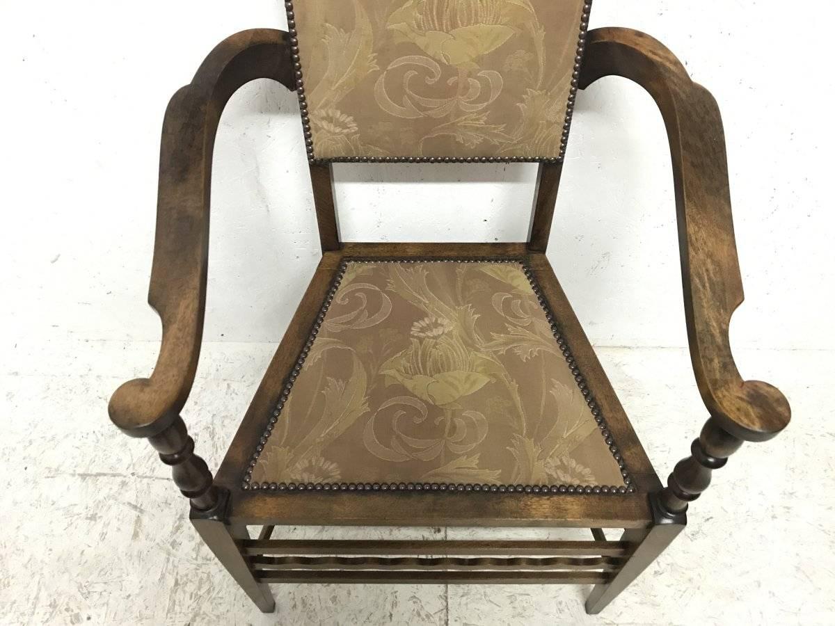 Hand-Carved J S Henry Arts and Craft Walnut Armchair with Period Stylised Floral Fabric For Sale