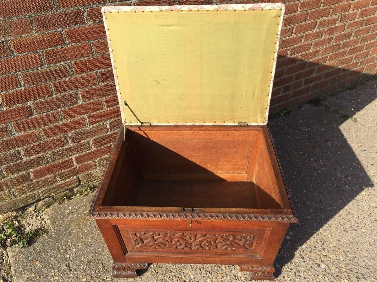 20th Century Arts and Crafts Ottoman with All Round Carved Floral Details and Storage Inside For Sale