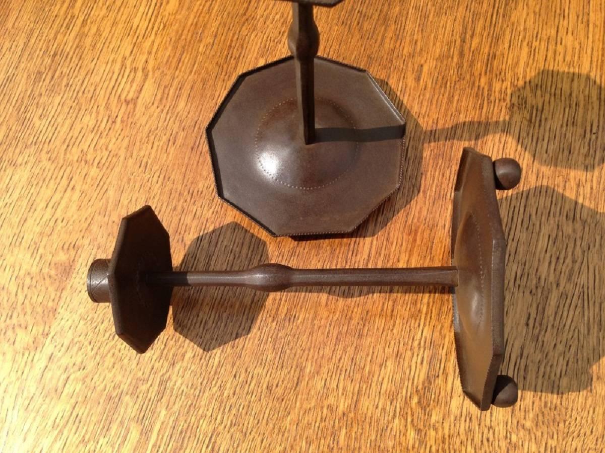 20th Century Ernest Gimson Rare Pair of Sheradised Steel Candlesticks Made by Alfred Bucknell