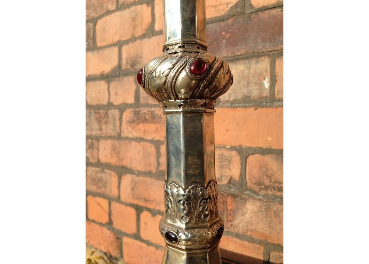 Cast A Pair of Arts & Crafts Silver Plated Candle Sticks with Semi Precious Cabochons For Sale