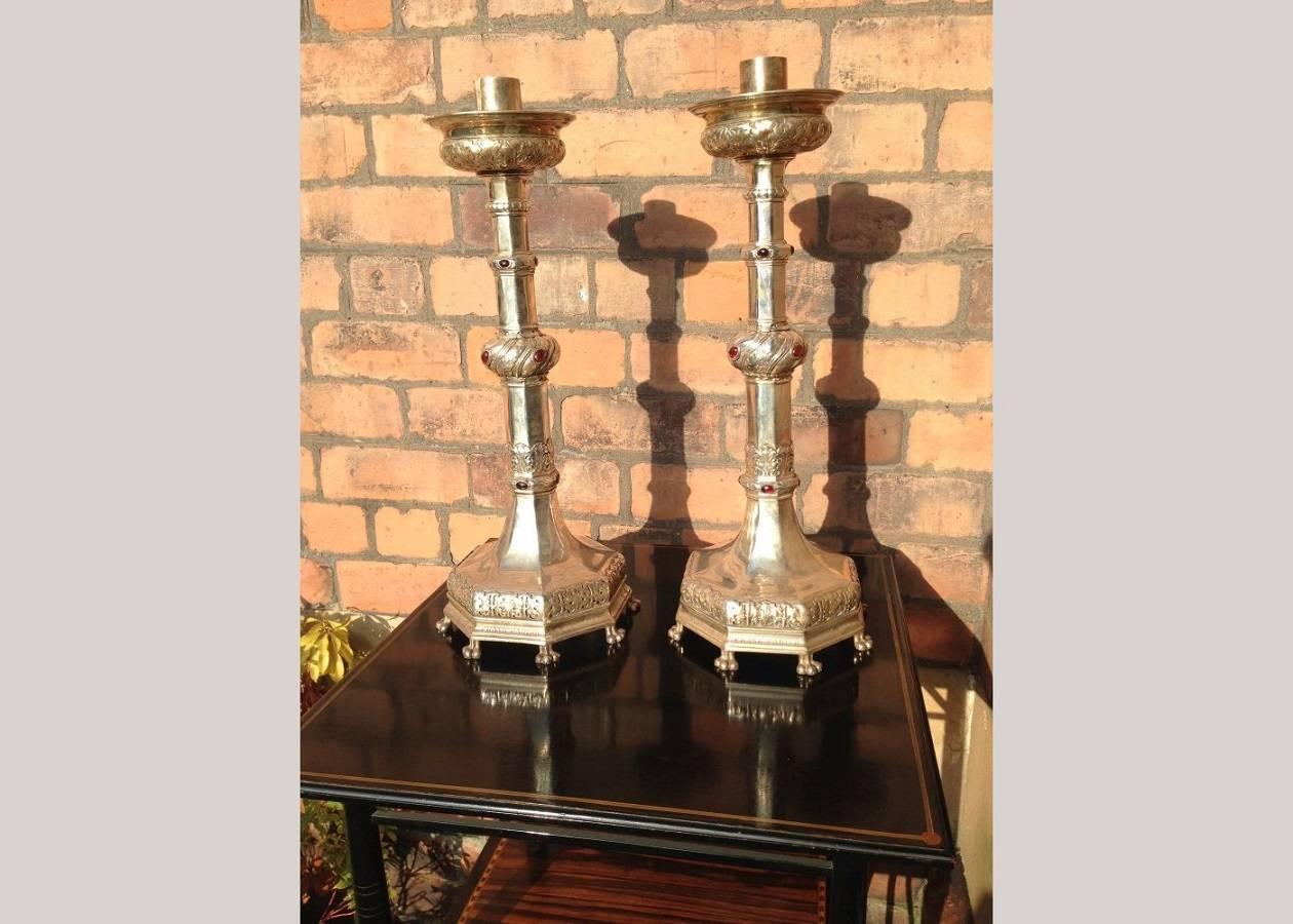 A Pair of Arts & Crafts Silver Plated Candle Sticks with Semi Precious Cabochons For Sale 1