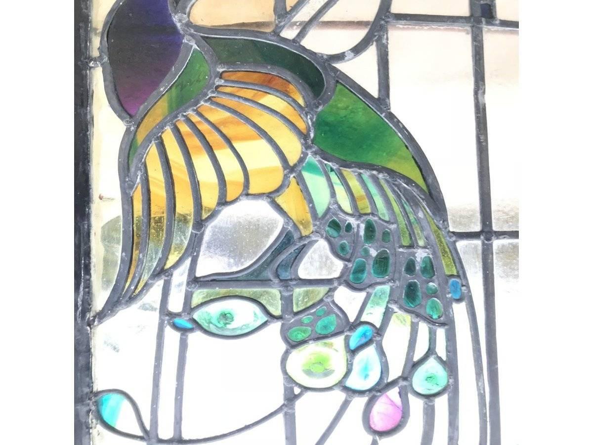 A Rare Arts and Crafts Stained Glass Bow Fronted Window with Colourful Peacocks In Good Condition In London, GB