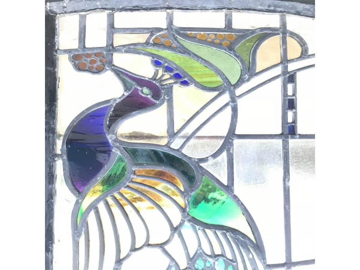 Hand-Crafted A Rare Arts and Crafts Stained Glass Bow Fronted Window with Colourful Peacocks