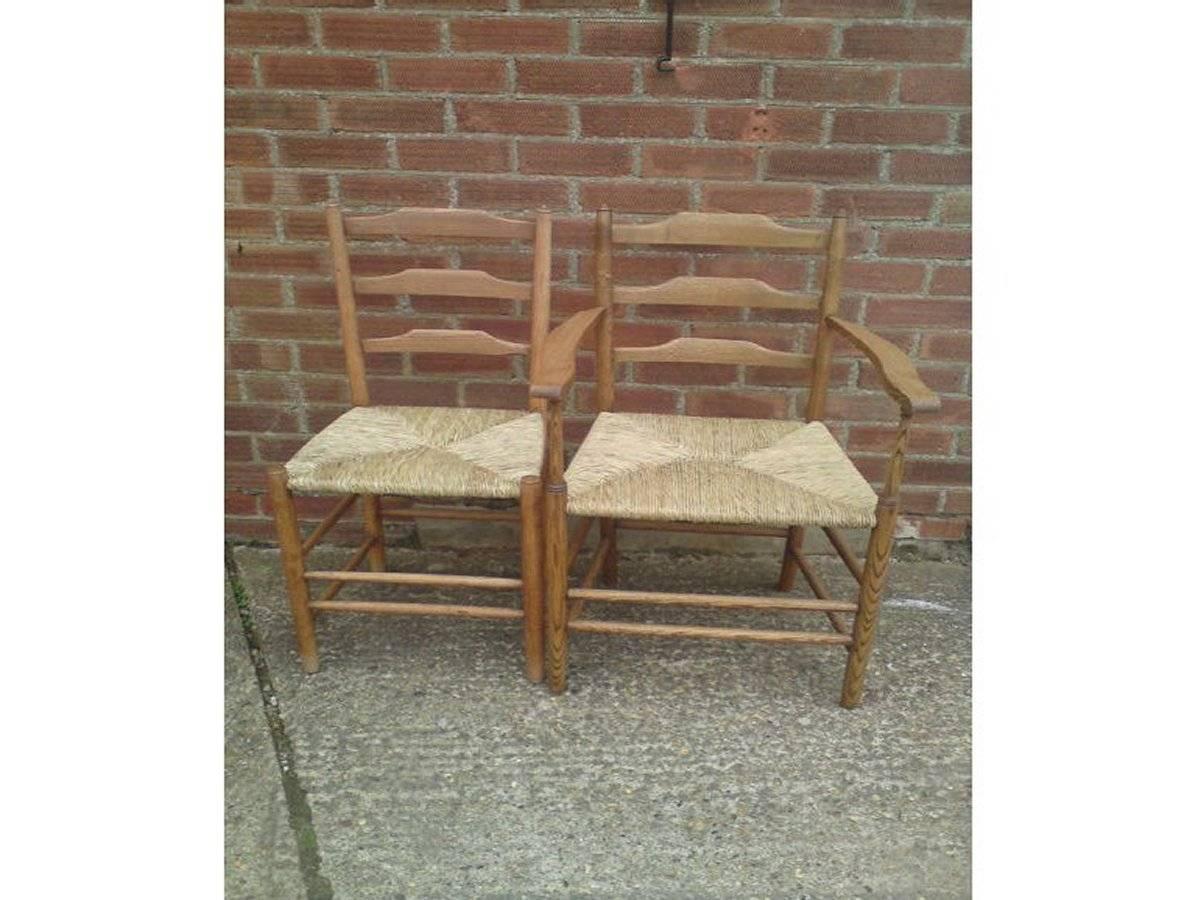 Hand-Crafted Edward Gardiner Five Arts & Crafts Ladder Back Dining Chairs with New Rush Seats