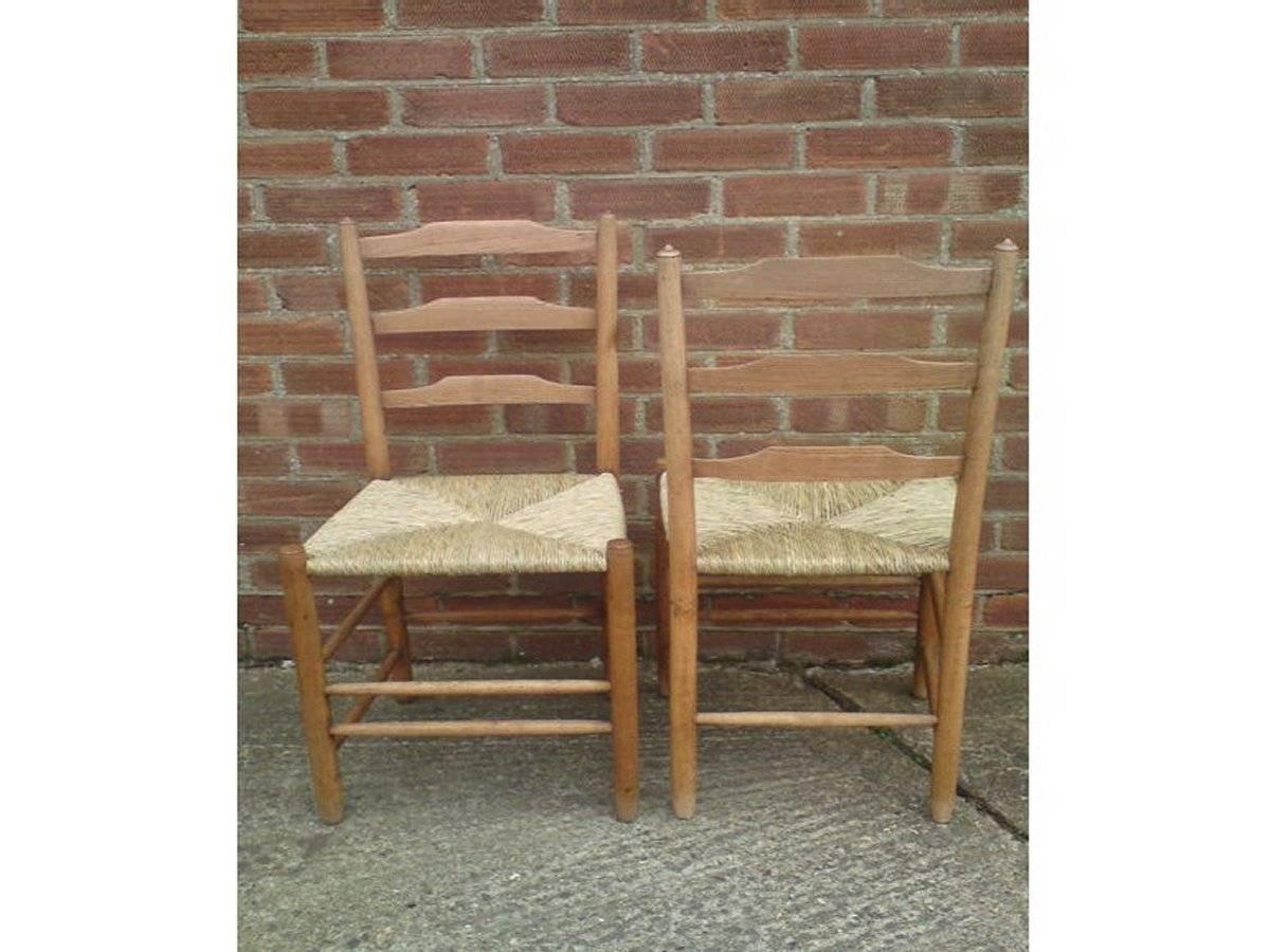 Arts and Crafts Edward Gardiner Five Arts & Crafts Ladder Back Dining Chairs with New Rush Seats