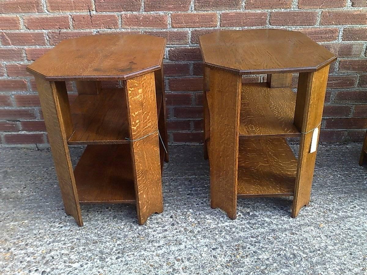 Arts and Crafts Heals. Pair of Arts & Crafts Oak End Tables with Three Tiers and Canted Corners