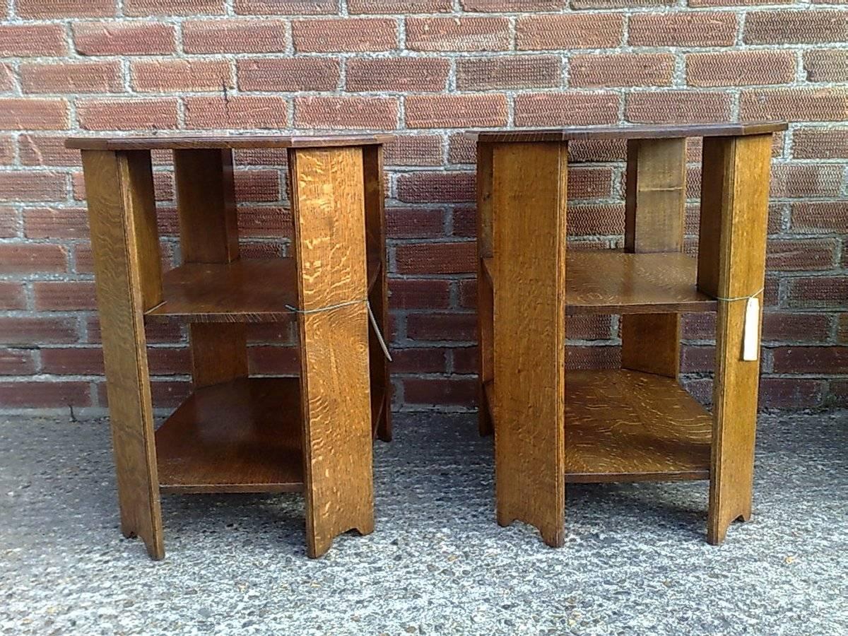 English Heals. Pair of Arts & Crafts Oak End Tables with Three Tiers and Canted Corners