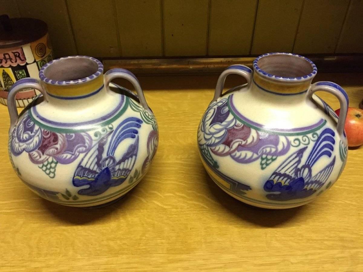 British Poole Pottery, a Pair of Vases with Prancing Deer & Colorful Floral Backgrounds