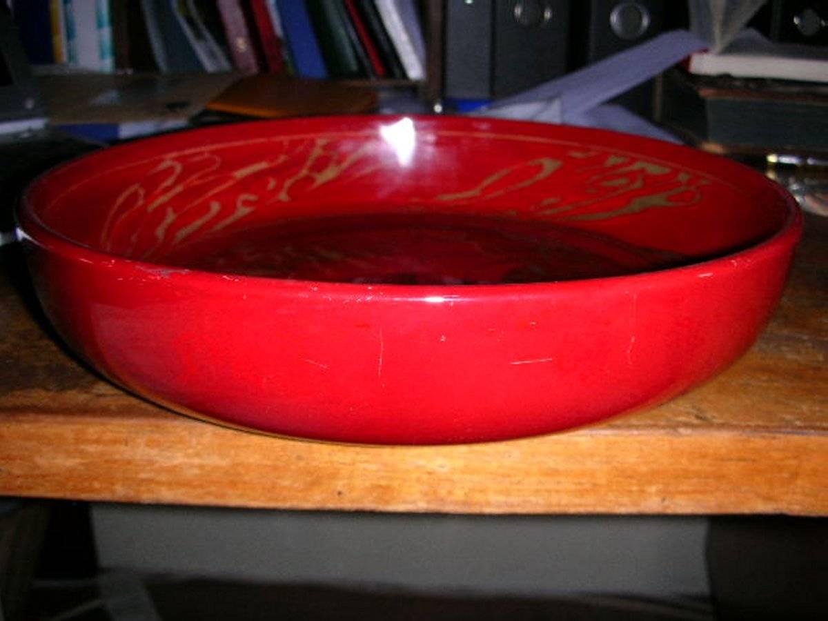 Hand-Painted Bernard Moore, Red Flambe' Bowl Painted by E. Hope Beardmore with a Galleon For Sale
