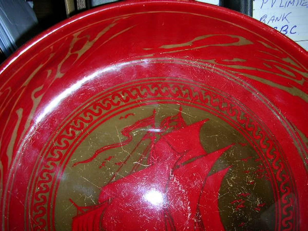 Arts and Crafts Bernard Moore, Red Flambe' Bowl Painted by E. Hope Beardmore with a Galleon For Sale