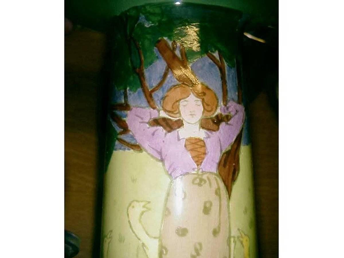 Arts and Crafts Edward Spencer, Hand Painted Tulip Vase with Pre-Raphaelite Maiden and Geese