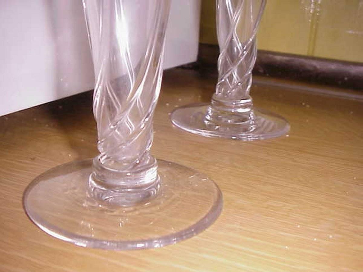 Arts and Crafts A Pair of Arts & Crafts Glass Peacock Vases with Swirl Stems and Green Ovals