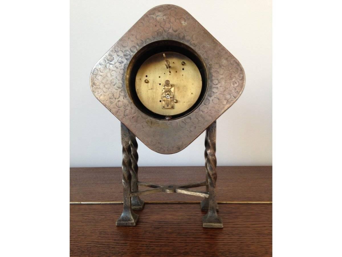 Copper An Arts & Crafts Silver Plated Mantel Clock with Mottled Blue Ruskin Jewels For Sale
