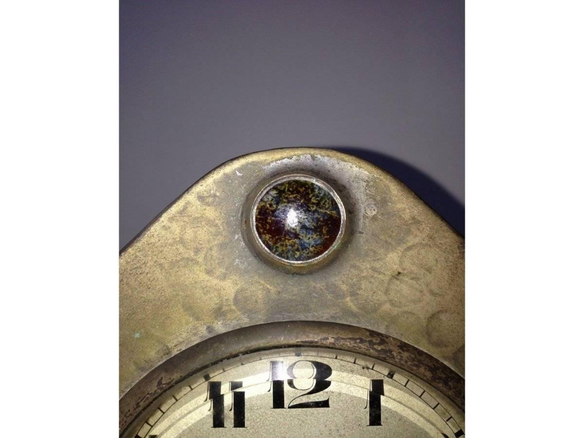 Arts and Crafts An Arts & Crafts Silver Plated Mantel Clock with Mottled Blue Ruskin Jewels For Sale