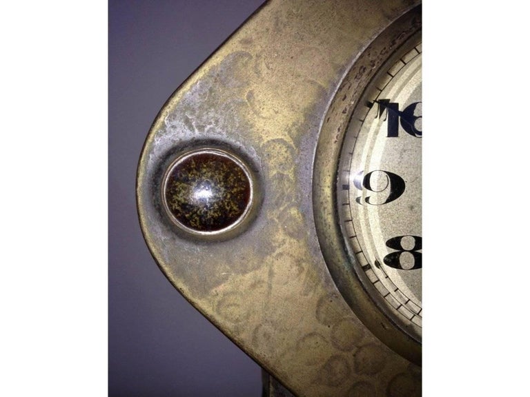 An Arts and Crafts Silver Plated Mantel Clock with Mottled Blue Ruskin