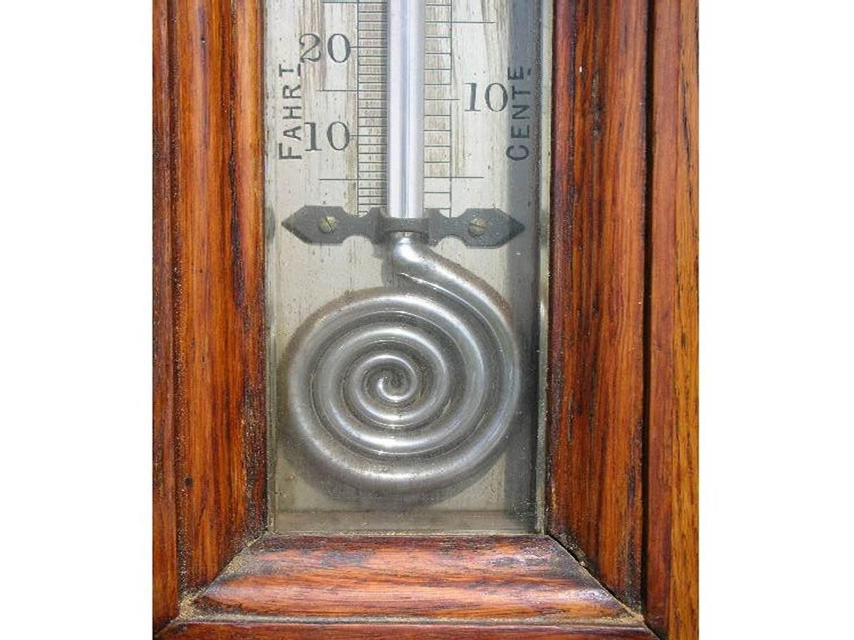 Großes Barometer aus geschnitzter Eiche im gotischen Revival-Stil mit seltenem Schneckenschnecken- Thermometer (Handgeschnitzt) im Angebot