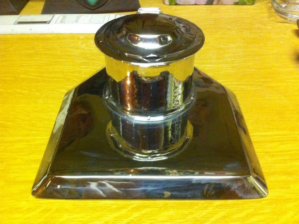 Jesson Birkett & Co, Stamped with Monogram. Arts & Crafts Silver Plated Inkwell and '682L'.