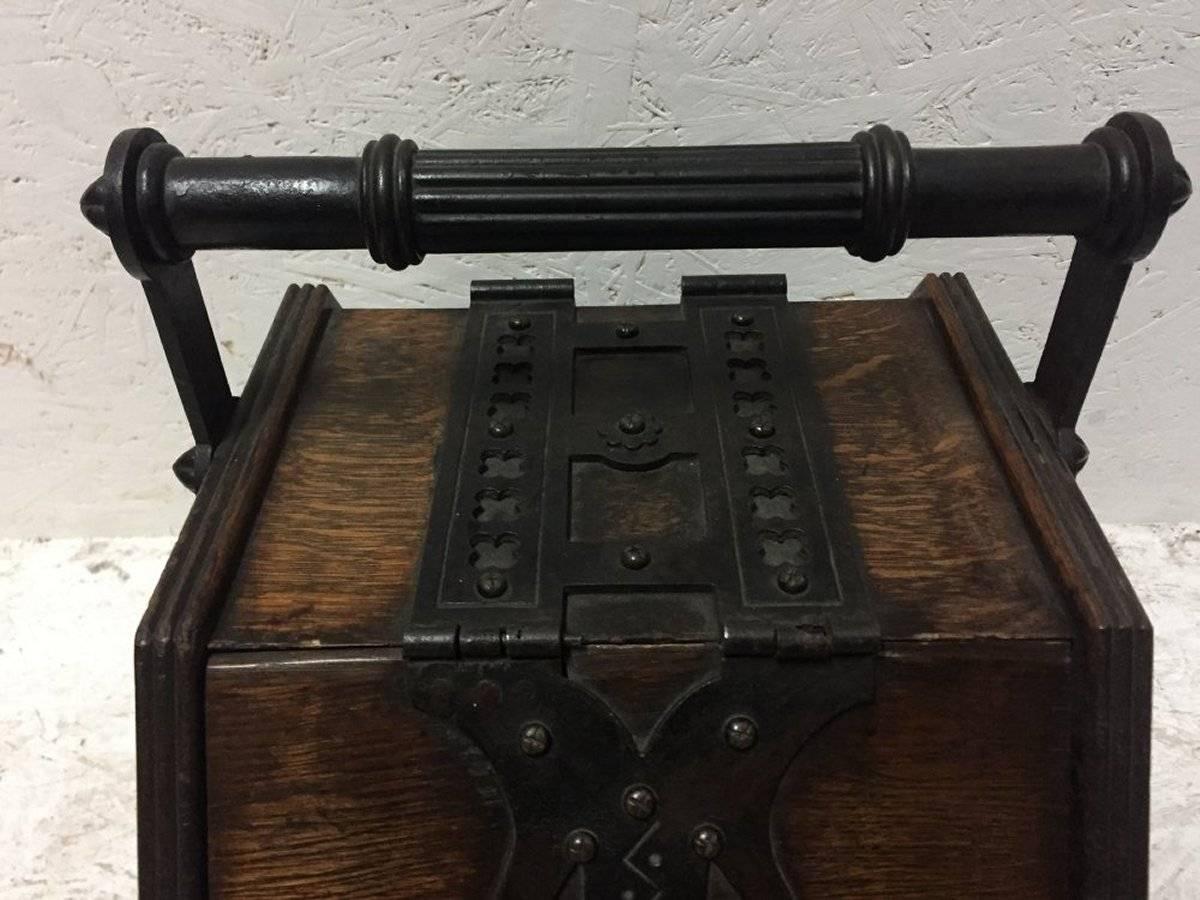 Iron Dr C Dresser, Designed for Benham and Froud, a Rare Gothic Revival Oak Coal Box For Sale