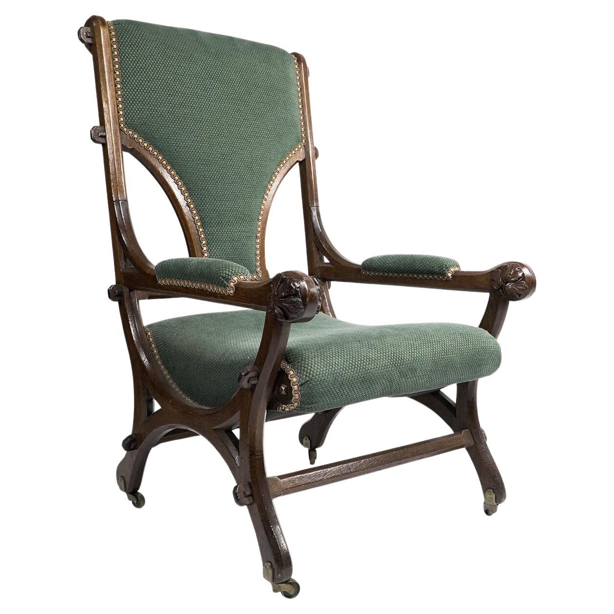 John Pollard Seddon Gothic Revival oak armchair with through pegged tenon joints For Sale