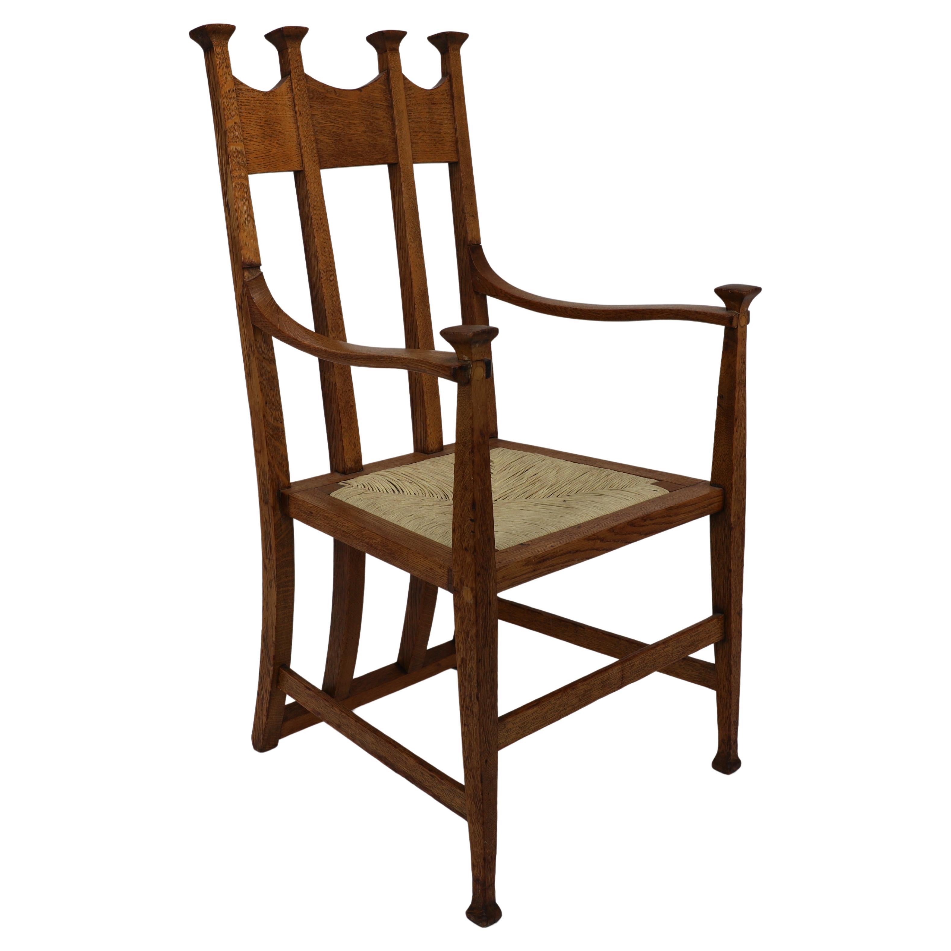 J S Henry Arts & Crafts oak dining chair with throne like caps & a sweeping back