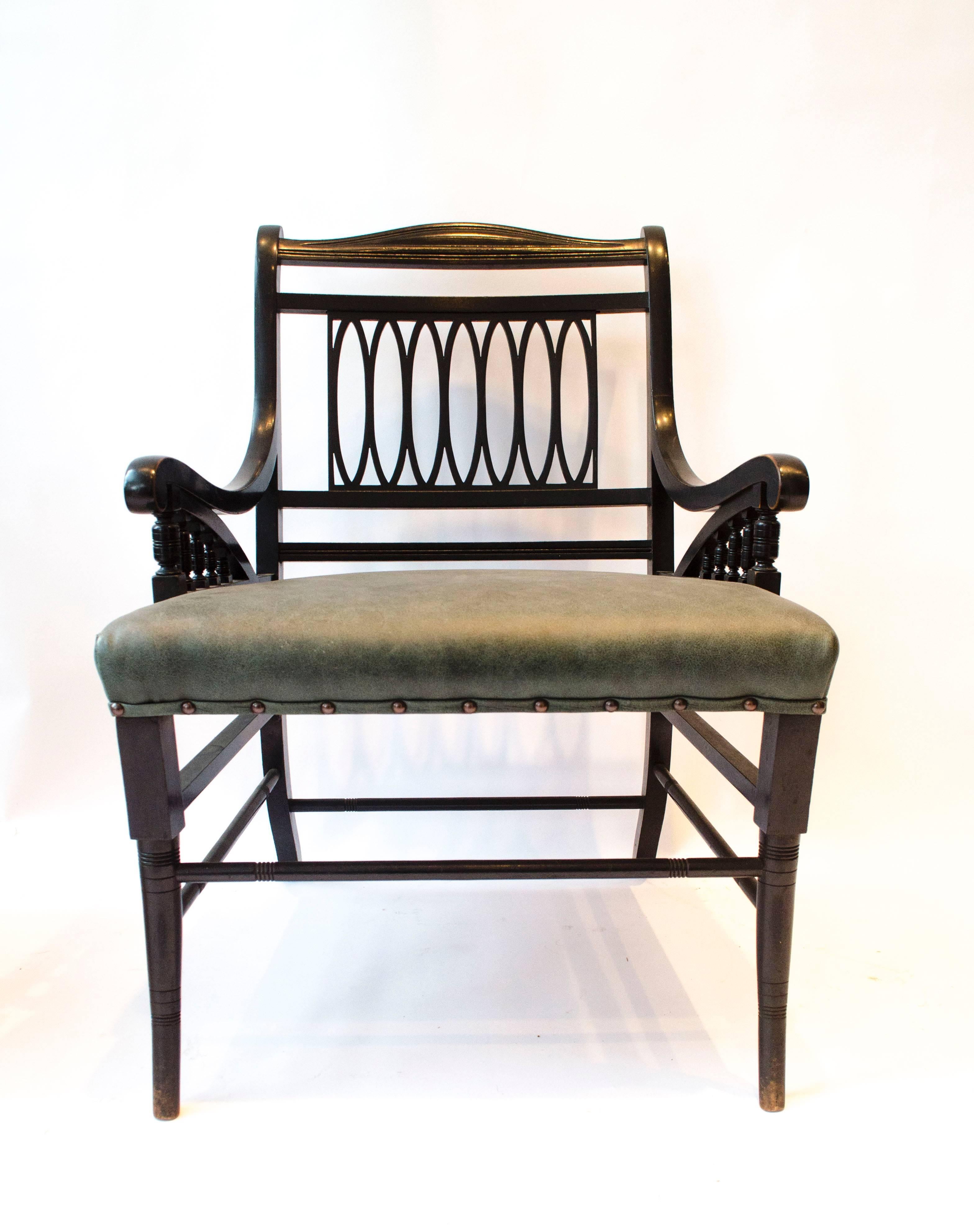 Walnut Pair of Anglo-Japanese Ebonized Open Armchairs. Attributed to Jas Shoolbred For Sale