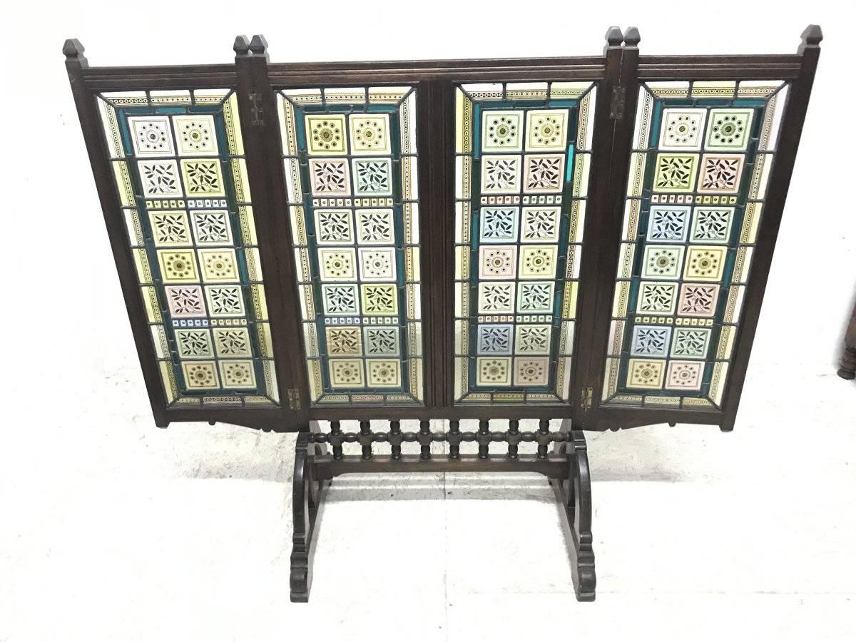 English AWN Pugin Gothic Revival Oak, Leaded & Painted Glass Three-Fold Fire Screen For Sale