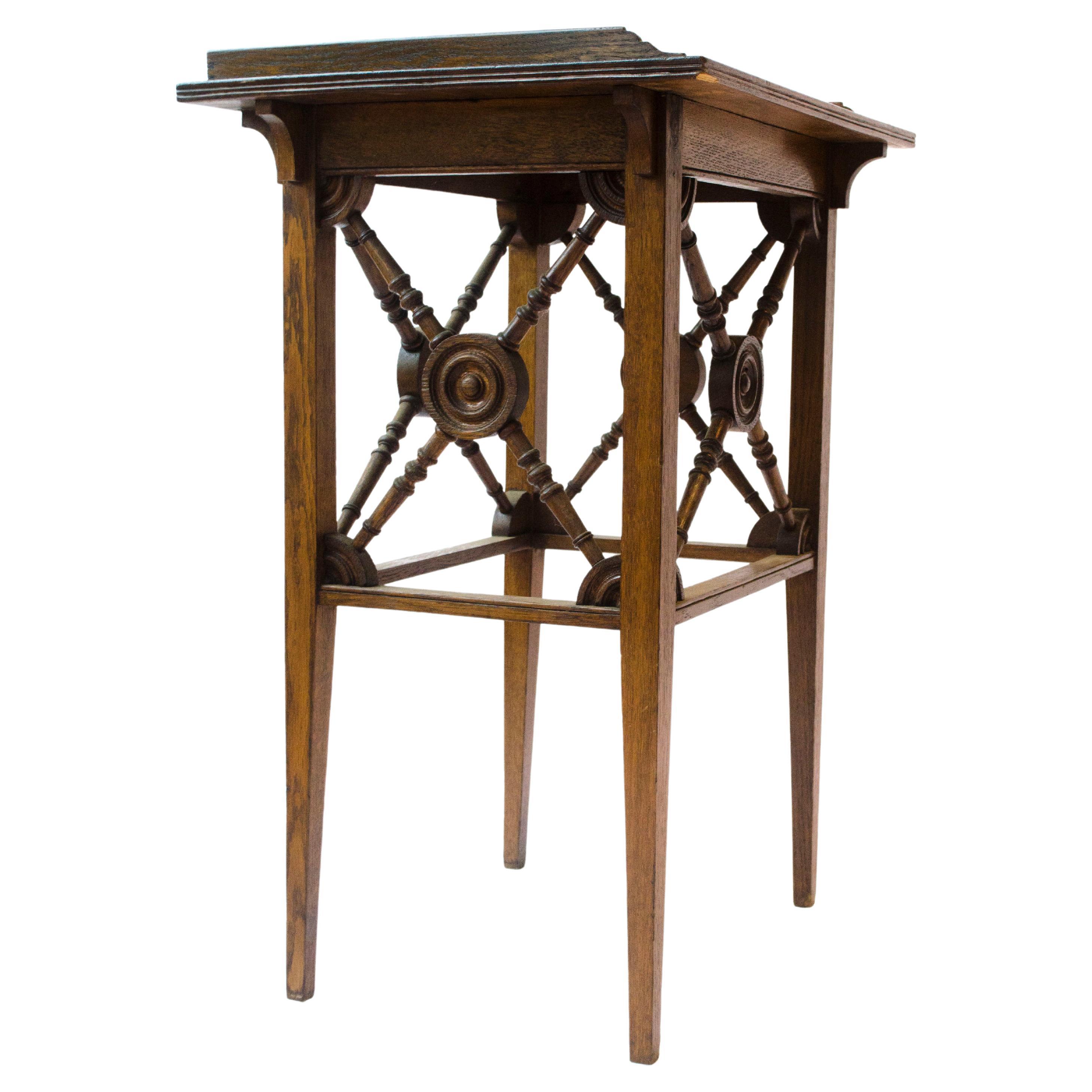 Jas Shoolbred Aesthetic Movement Oak Side Table With Cross Turned & Disc Details For Sale