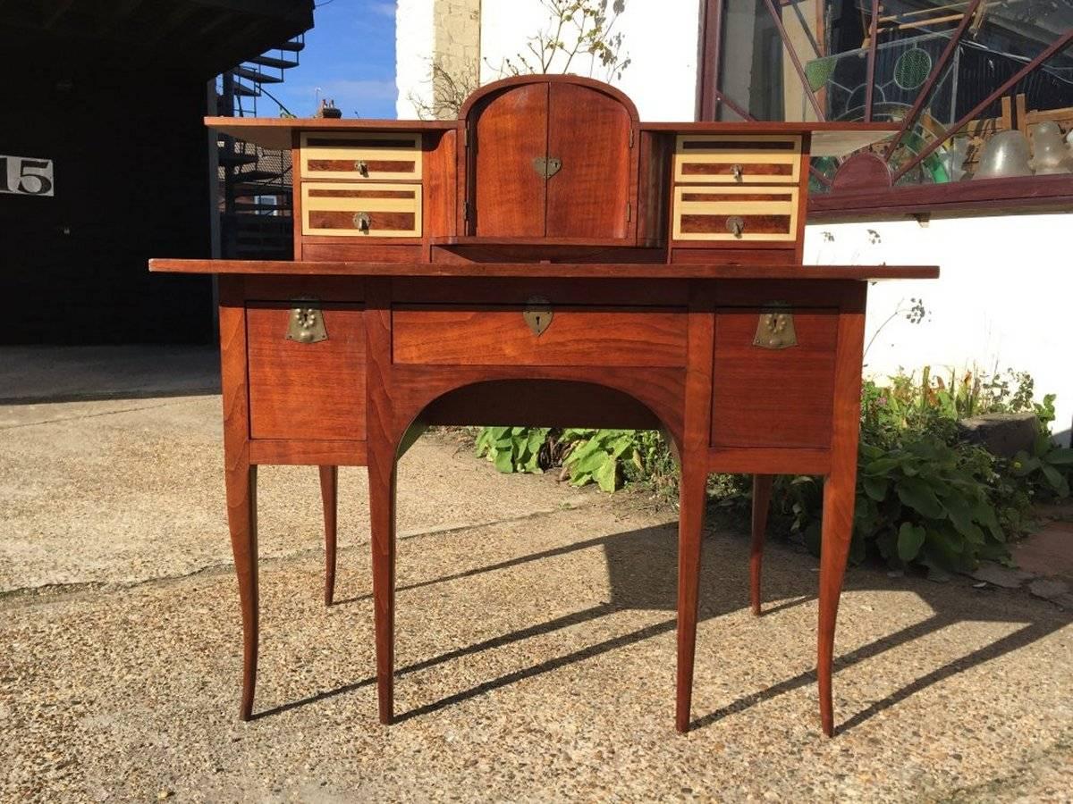 George Walton. Arts & Crafts Walnut Desk with Secret Drawers & Heart Escutcheons In Good Condition For Sale In London, GB
