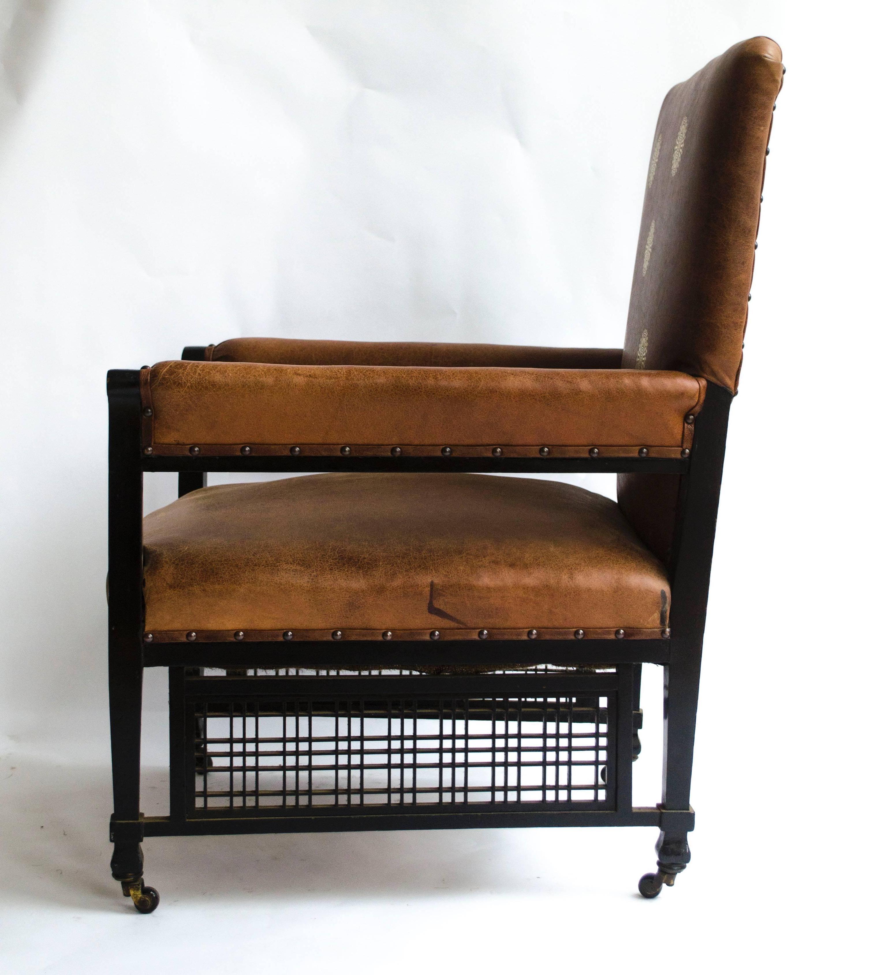 English An Anglo-Japanese Lounge Chair with EW Godwin Design Embossed Leather Sunflowers For Sale