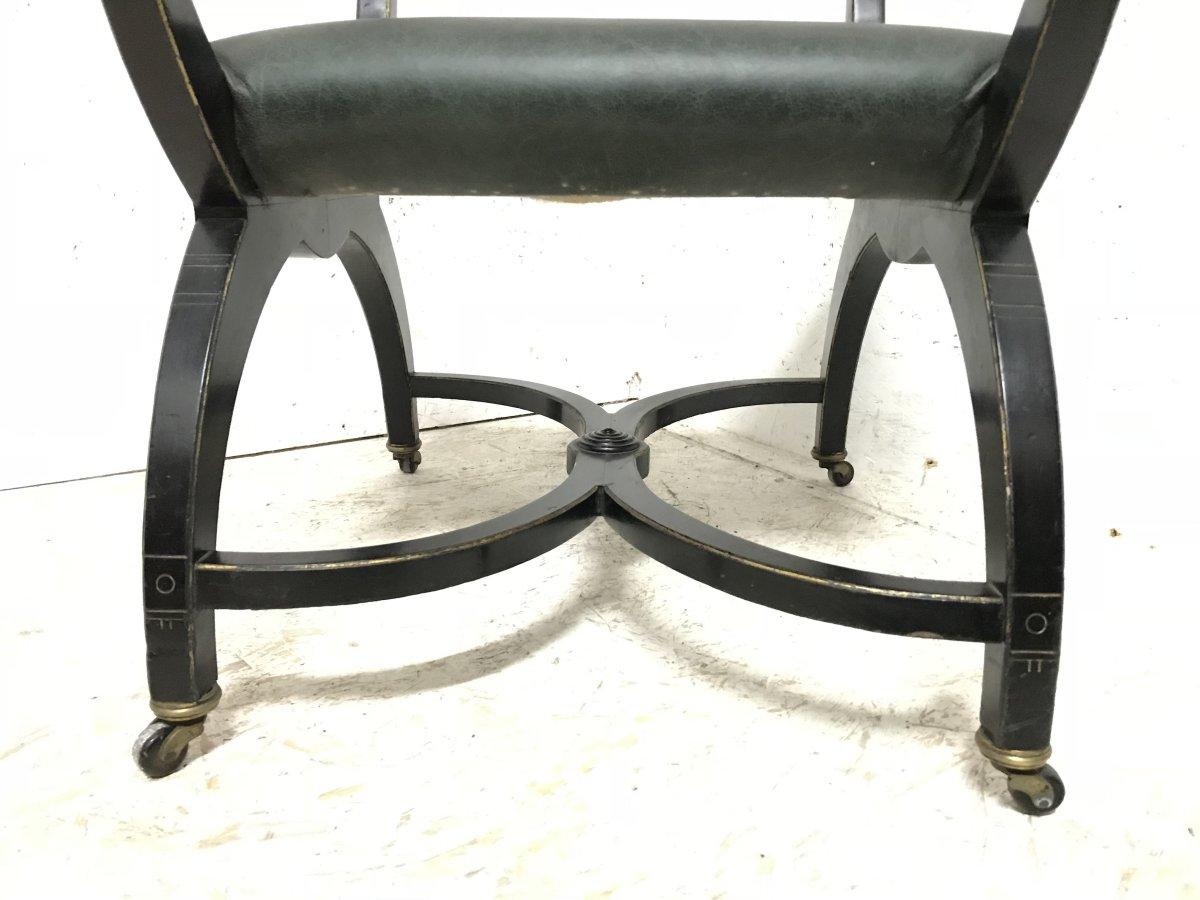 Richard Charles Aesthetic Movement Ebonised Elbow Chair with X Frame stretcher For Sale 2