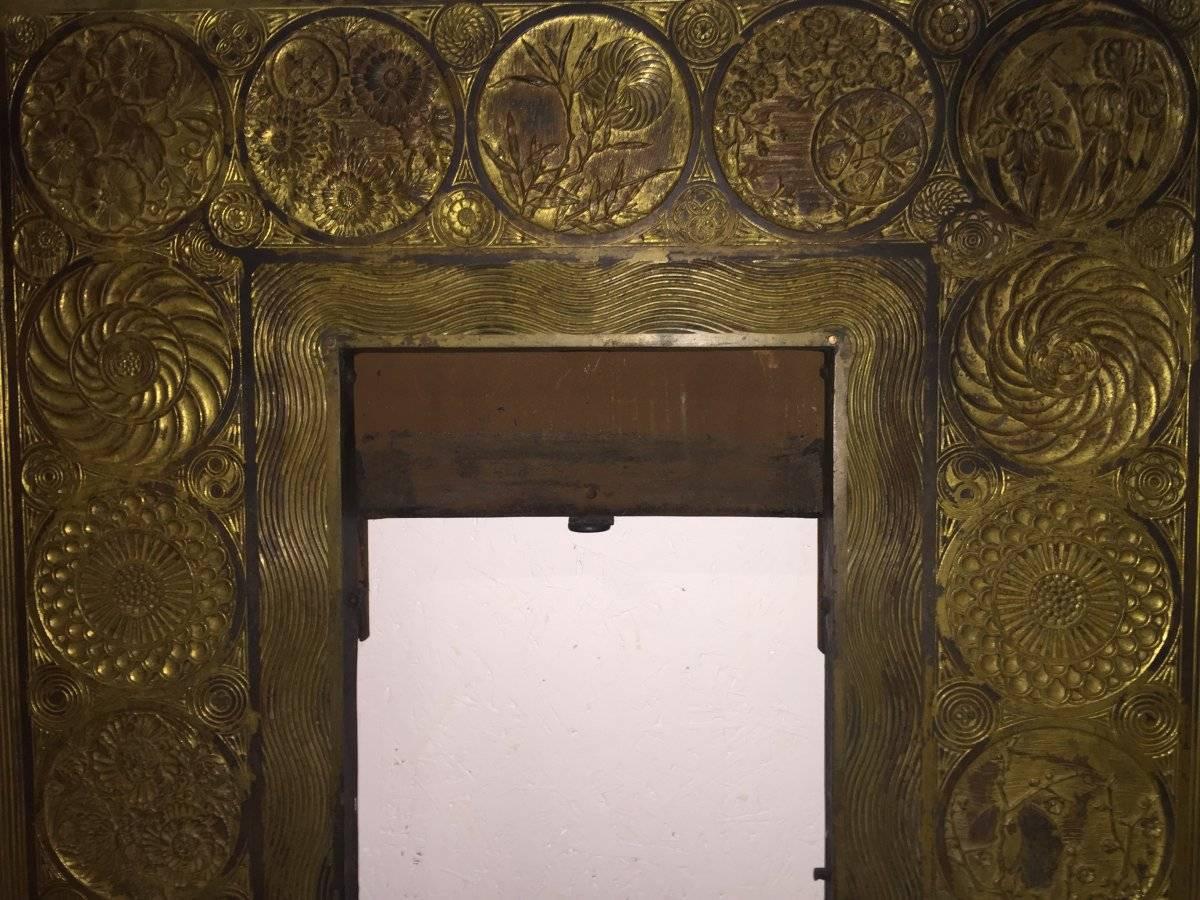 Thomas Jeckyll. Made by Barnard Bishop Barnard. 
An extremely rare and Important Anglo-Japanese brass fireplace insert still retaining it's original Gilt. An identical version is held in the Victoria and Albert Museum.
External Measurements Height