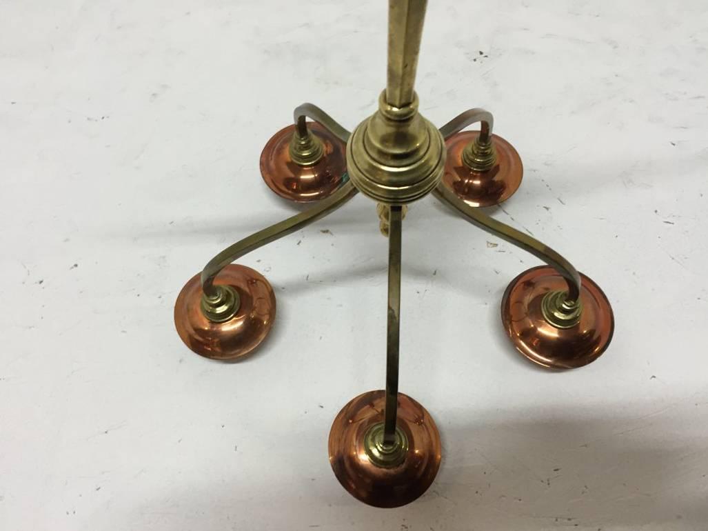 W A S Benson, signed, An Arts & Crafts Brass and Copper Five Branch Candelabra In Good Condition In London, GB