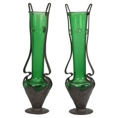Antique Osiris Pewter. A Pair of Art Nouveau Pewter and Green Glass Twin-Handled Vases