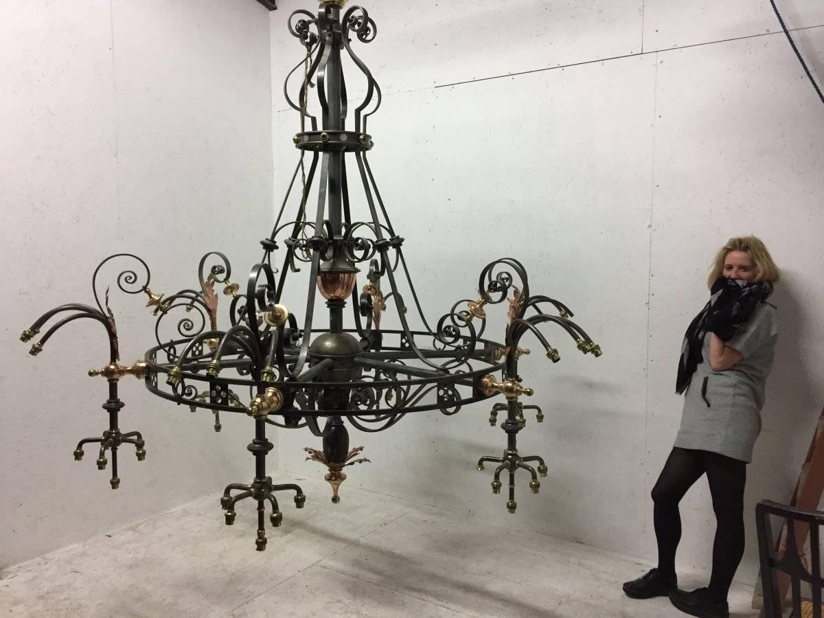 Cast Enormous Arts & Crafts Brass & Iron Chandelier from St Georges Church in Glasgow