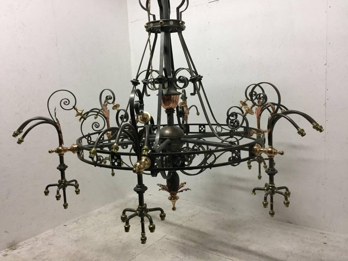 Enormous Arts & Crafts Brass & Iron Chandelier from St Georges Church in Glasgow In Good Condition In London, GB