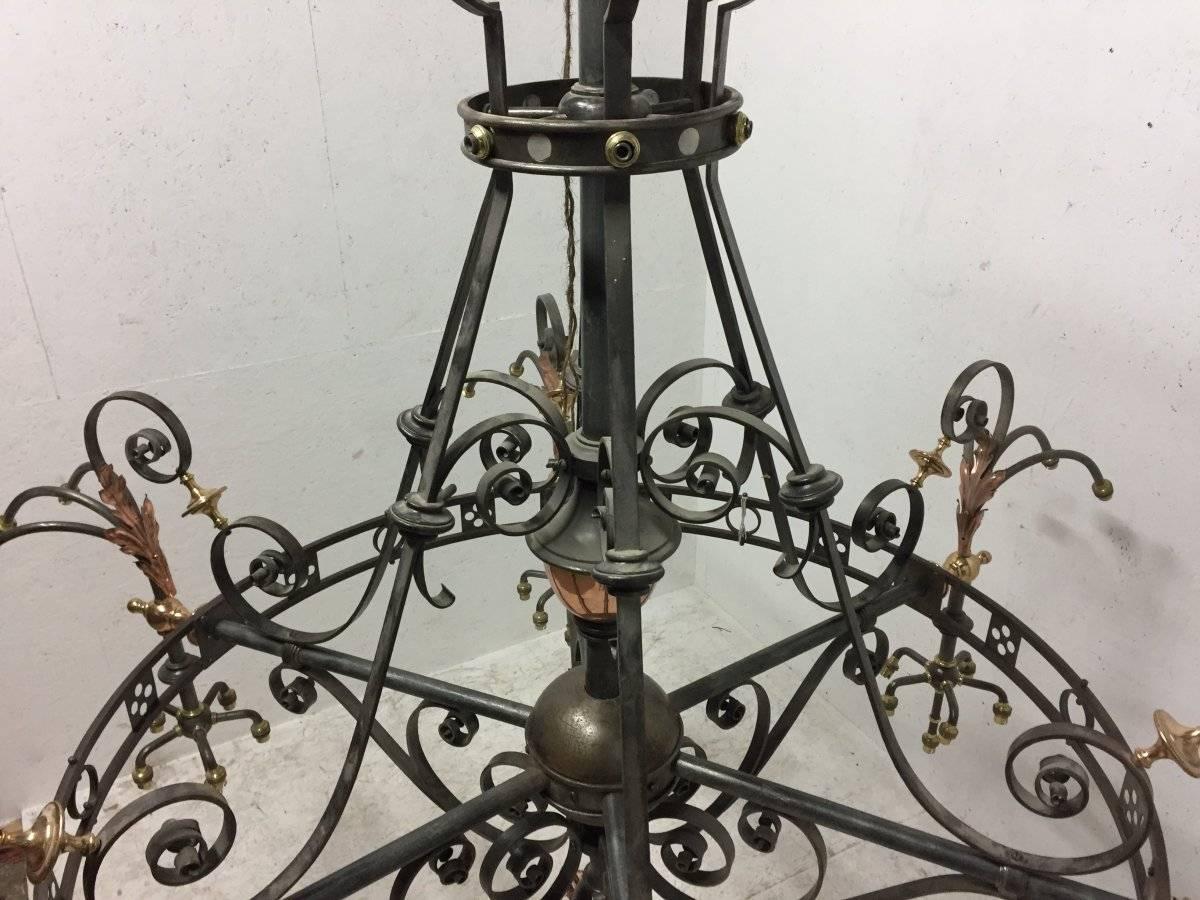 Enormous Arts & Crafts Brass & Iron Chandelier from St Georges Church in Glasgow 2