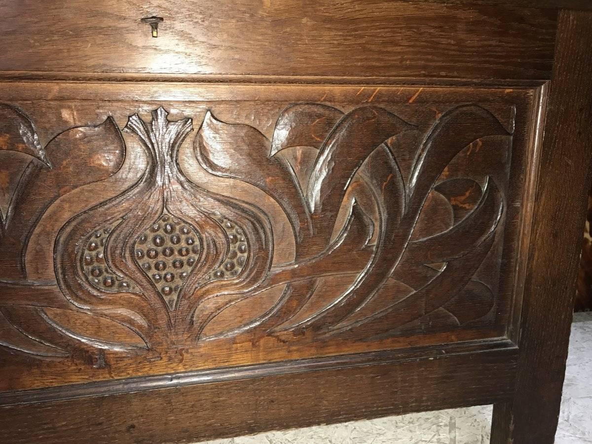 Hand-Carved Rare Arts & Crafts Oak Linen Trunk Attributed to C R Ashbee