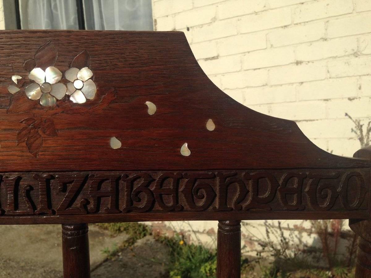 Hand-Crafted Arts & Crafts Inlaid Oak Settle Possibly Commissioned by Sir Samuel Morton For Sale