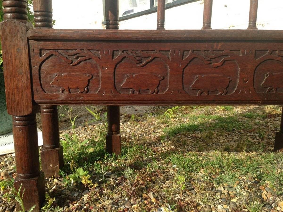 Mother-of-Pearl Arts & Crafts Inlaid Oak Settle Possibly Commissioned by Sir Samuel Morton For Sale