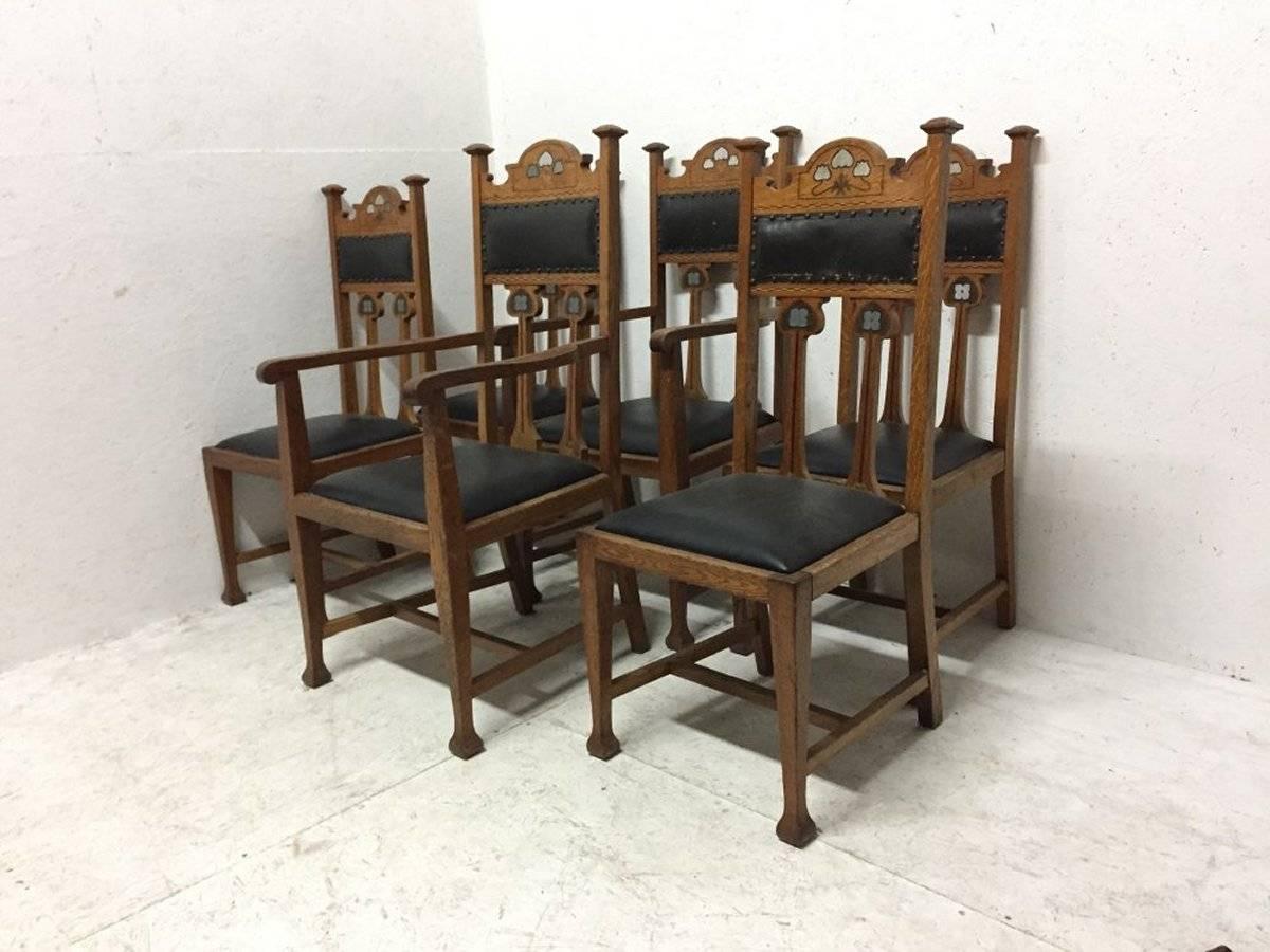 Arts and Crafts Set of Six Arts & Crafts Chairs with Stylized Floral Inlays Using Pewter Ebony For Sale