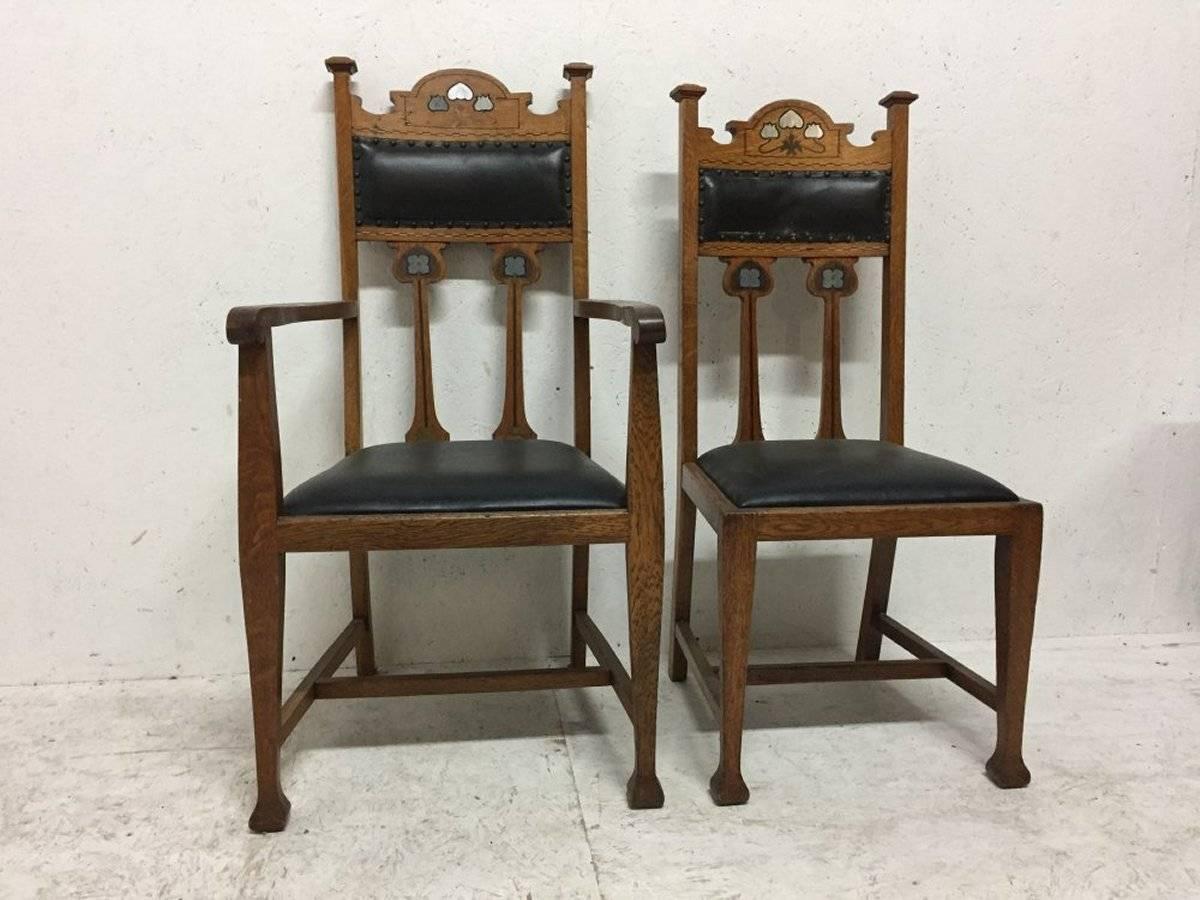 English Set of Six Arts & Crafts Chairs with Stylized Floral Inlays Using Pewter Ebony For Sale