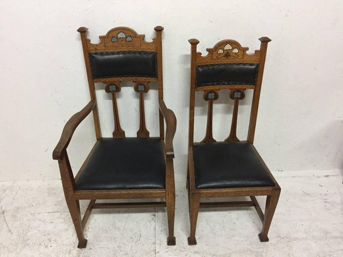 Set of Six Arts & Crafts Chairs with Stylized Floral Inlays Using Pewter Ebony In Good Condition For Sale In London, GB