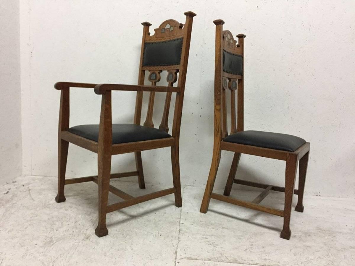Late 19th Century Set of Six Arts & Crafts Chairs with Stylized Floral Inlays Using Pewter Ebony For Sale