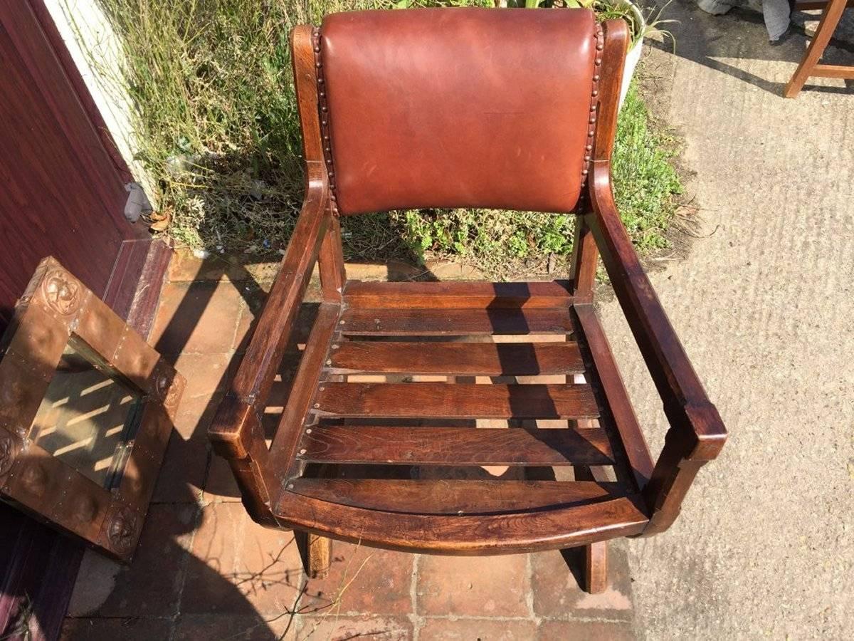English Arts & Crafts Oak & Leather Armchair in Style of E W Pugin with Organic Styling For Sale