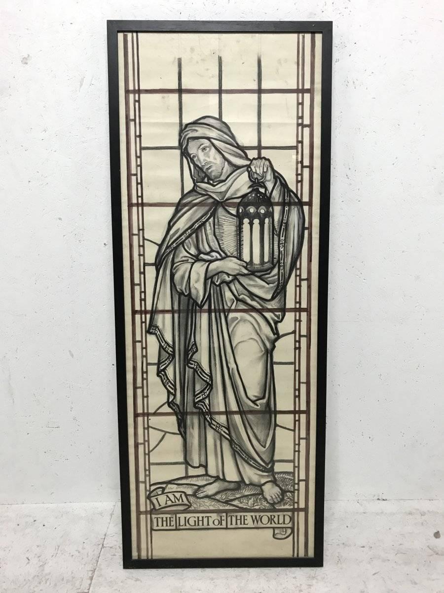 Burne Jones style stain glass cartoons designed by Arthur Buss made by Godard and Gibbs.
This listing is for the two centre panels only.